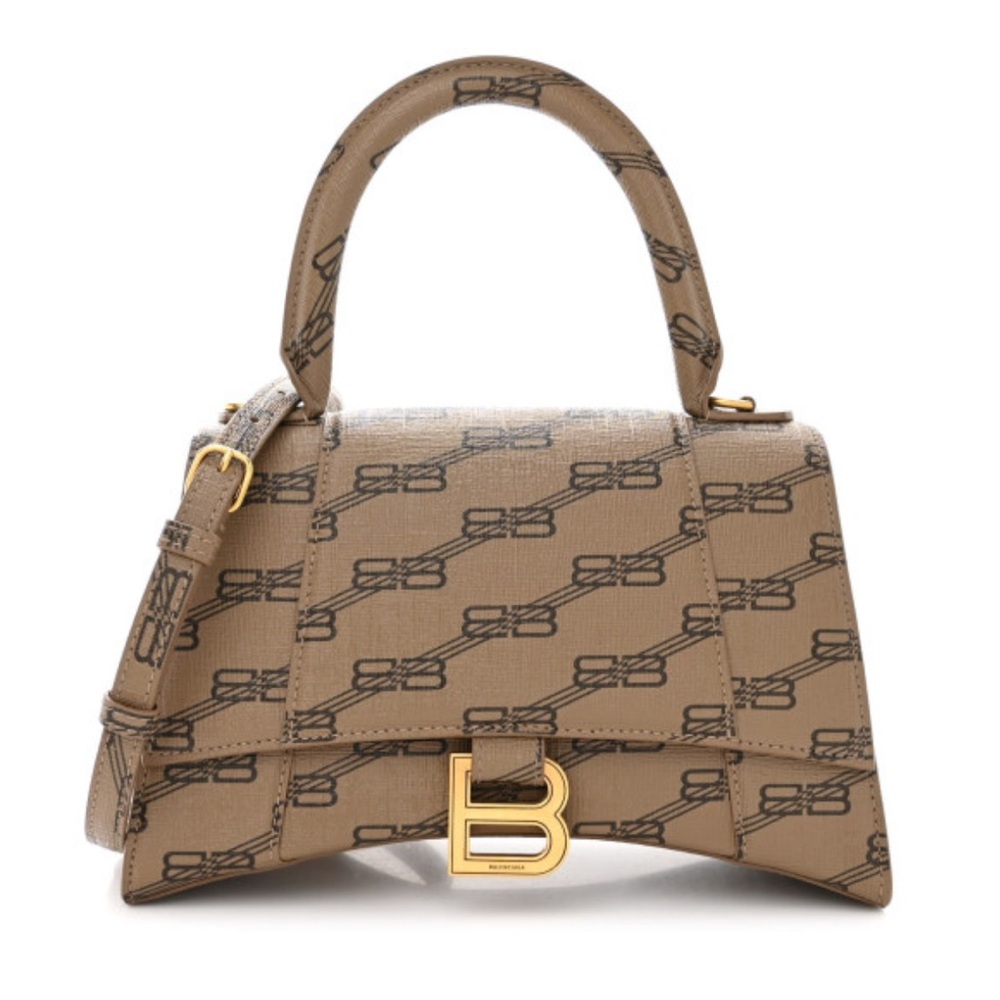 BALENCIAGA
Coated Canvas BB Monogram Small
Hourglass Top Handle Bag Beige
Brown